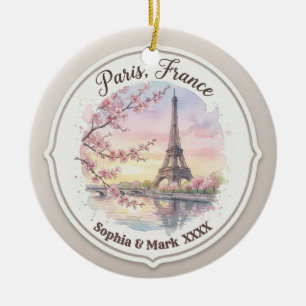 Custom Couple's Paris & Cherry Blossom Keepsake Ceramic Tree Decoration