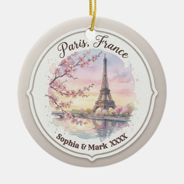 Custom Couple's Paris & Cherry Blossom Keepsake Ceramic Tree Decoration (Front)