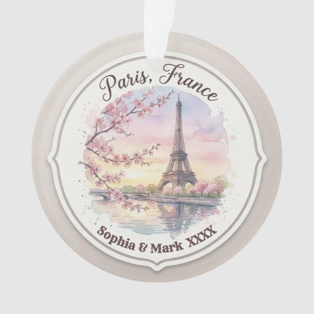 Custom Couple's Paris & Cherry Blossom Keepsake Ornament (Front)