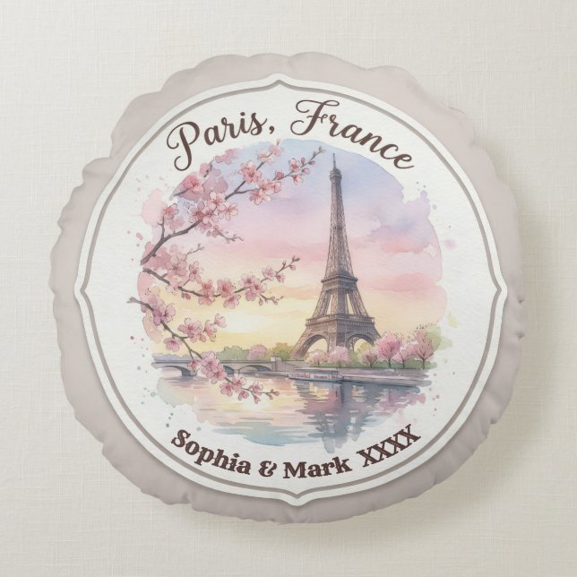 Custom Couple's Paris & Cherry Blossom Keepsake Round Cushion (Front)