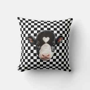 Custom Cow Face on Black & White Chess Pattern Cushion