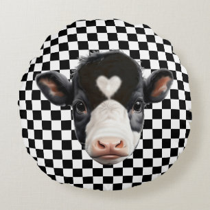Custom Cow Face on Black & White Chess Pattern Round Cushion