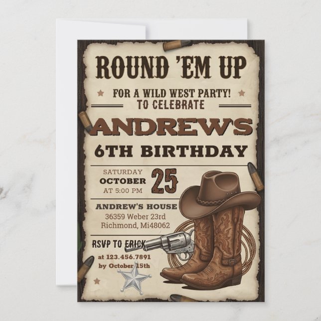 Custom Cowboy Hat and Lasso Western Birthday party Invitation (Front)