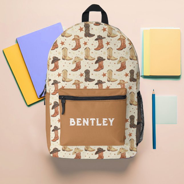 Custom Cowboy Western Custom Printed Backpack (Brown and Cream Cowboy Western Cowboy Boots and Cowboy Hat Backpack)