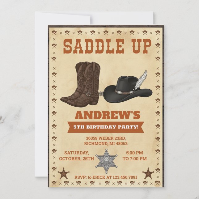 Custom Cowboy Western Theme Birthday Party Invitation (Front)