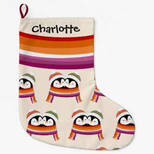 Custom Cozy Lesbian Penguins Christmas Large Christmas Stocking