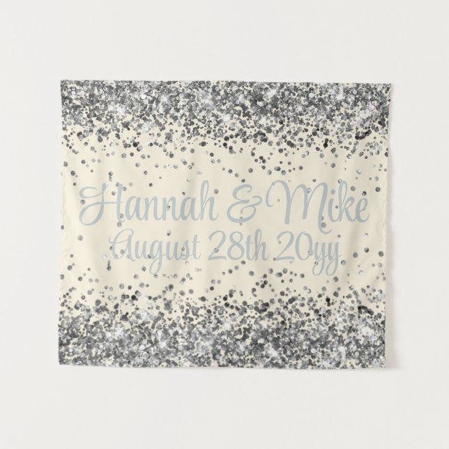 Custom Cream & Silver Glitter Wedding Photo Booth Tapestry (Front (Horizontal))