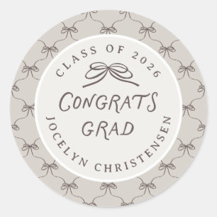 Custom Cream Taupe Coquette Bow Congrats Grad Classic Round Sticker