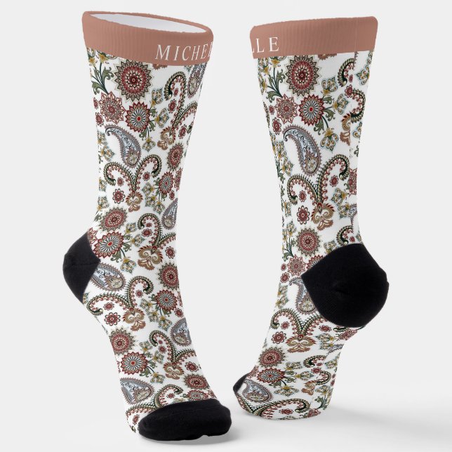 Custom Cream White Red Green Paisley Pattern Socks (Angled)