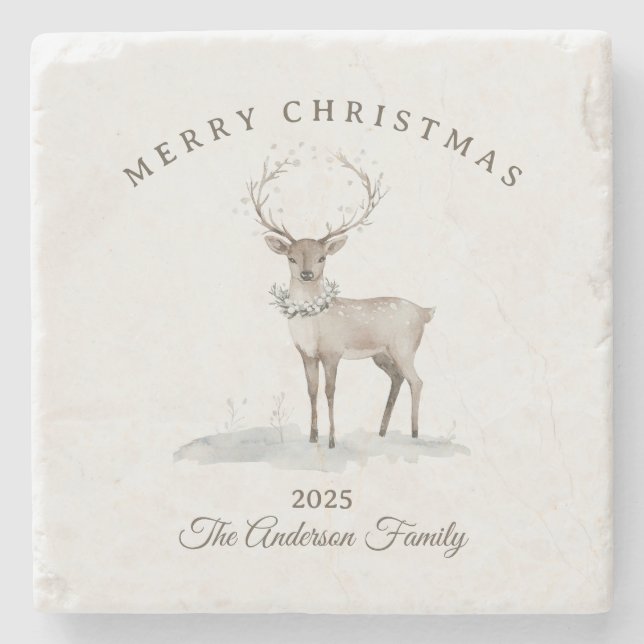 Custom cream white reindeer Christmas gift Stone Coaster (Front)