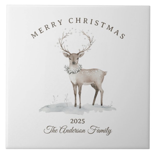 Custom cream white reindeer Christmas gift Tile (Front)