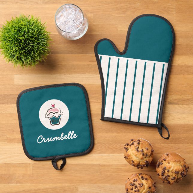 Custom Crisp Striped Cupcake Bakery Oven Mitt & Pot Holder Set (Top Down)