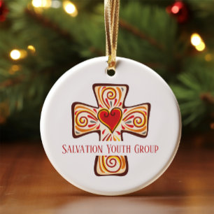 Custom Cross Keepsake w Heart for Church Youth Ceramic Tree Decoration