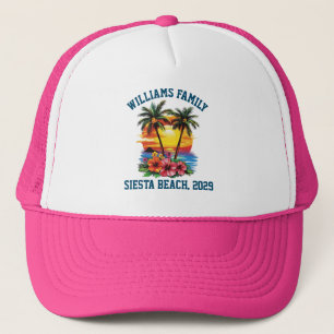 Custom Cruise Pink Palm Tree Beach Family Reunion Trucker Hat