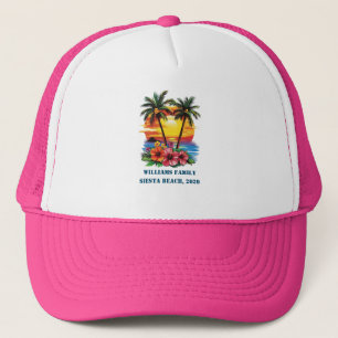 Custom Cruise Pink Palm Tree Beach Family Reunion Trucker Hat