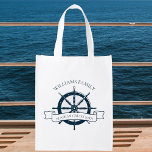 Custom Cruise Ship Nautical Wheel Reusable Grocery Bag<br><div class="desc">Chic custom summer vacation reusable bag gift for your beach cruise on the ocean featuring a navy blue boat steering wheel. This nautical themed design is perfect for boat captain business marketing or to commemorate a special trip to the sea. Personalise with your last name and year.</div>
