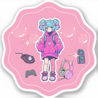 Custom-Cut Vinyl Sticker,gamer girl,pink