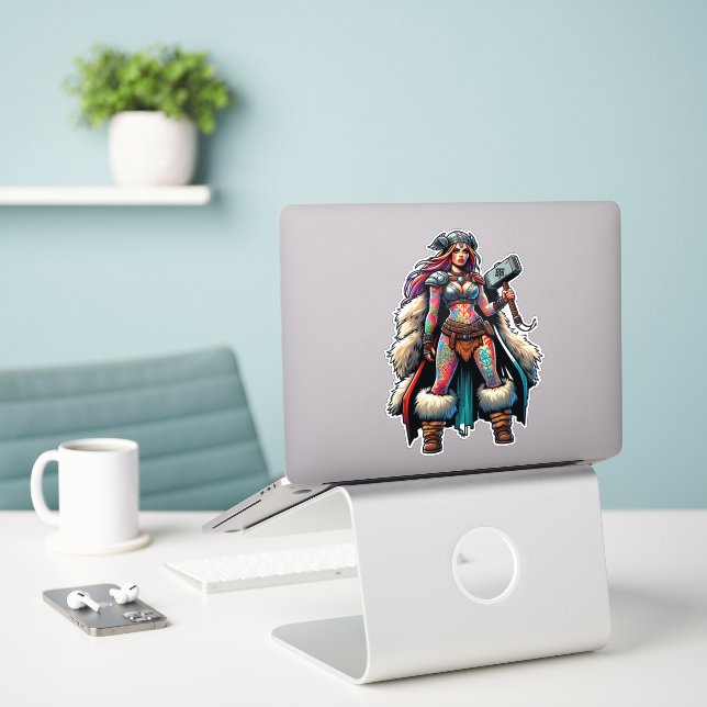 Custom-Cut Vinyl Sticker: Warrior Woman (Laptop On Desk)