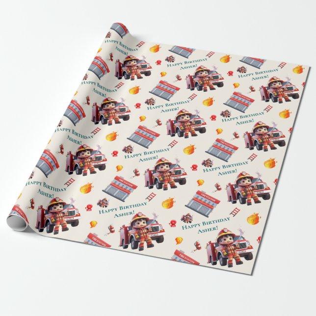 Custom Cute 3D Firefighter Fire Truck for Boys |  Wrapping Paper (Unrolled)