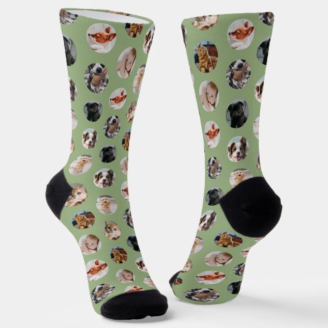 Custom Cute 8-Photo Pet Collage | Sage Green Socks (Angled)