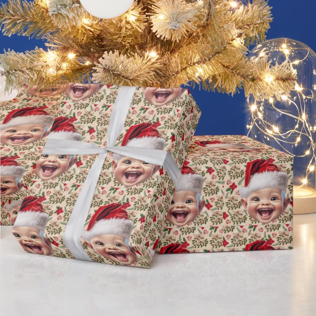 Custom Cute Baby Face Santa Hat Christmas Photo Wrapping Paper (Holidays)