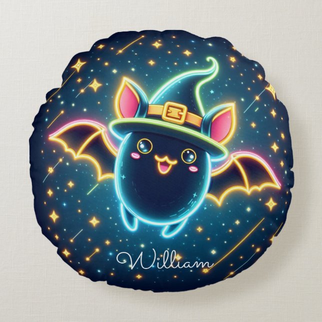 Custom Cute Bat Witch's Hat Halloween Nursery Round Cushion (Front)