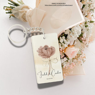 Custom cute beige tone watercolor floral Wedding Key Ring