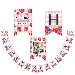 Custom Cute Berry First Birthday Pink Plaid  Bunting