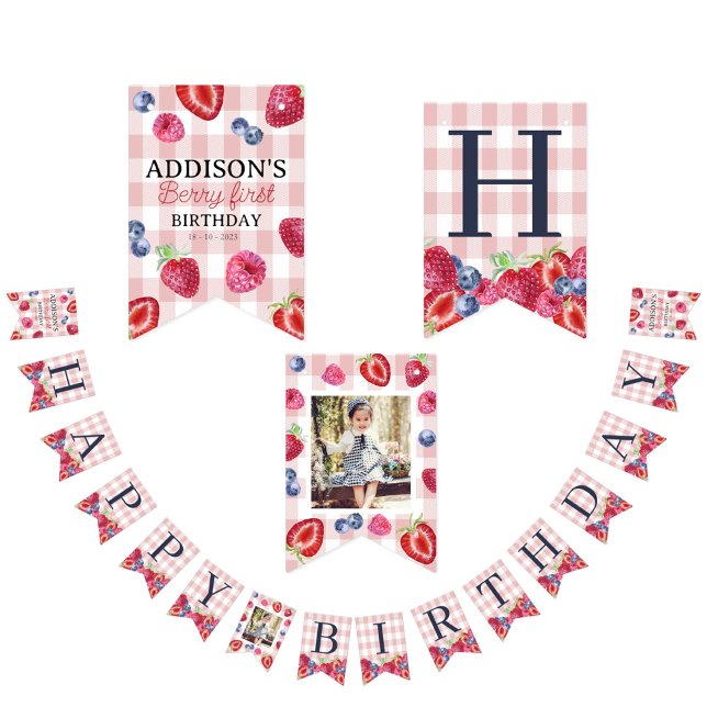 Custom Cute Berry First Birthday Pink Plaid  Bunting (Creator Uploaded)