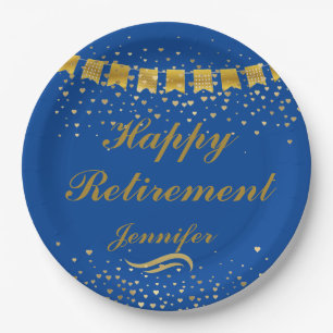 Custom Cute Blue and gold Happy Retirement Paper Plate
