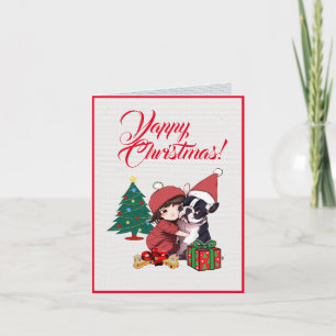 Custom Cute Boston Terrier With Little Girl Xmas Card