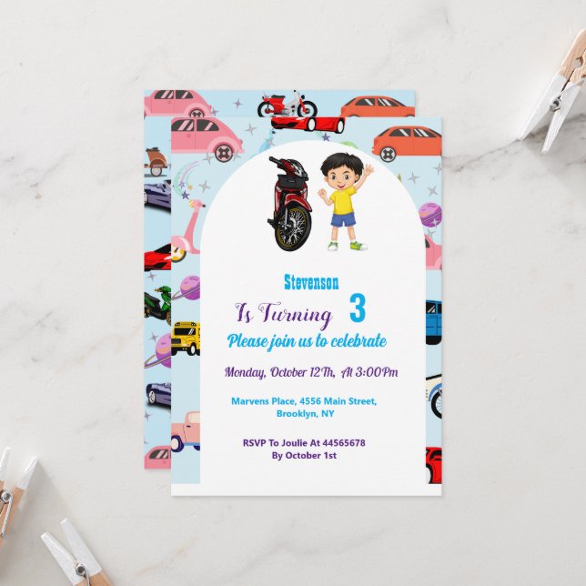 Custom Cute car  motorcycle birthday party Invitat Invitation (Front/Back In Situ)