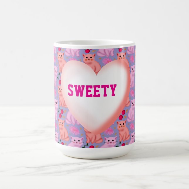 Custom Cute Cat Cherry Floral Pattern Coffee Mug (Center)