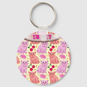 Custom Cute Cat Cherry Floral Pattern Key Ring