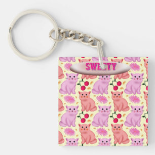 Custom Cute Cat Cherry Floral Pattern Key Ring
