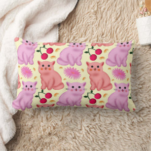 Custom Cute Cat Cherry Floral Pattern Lumbar Cushion