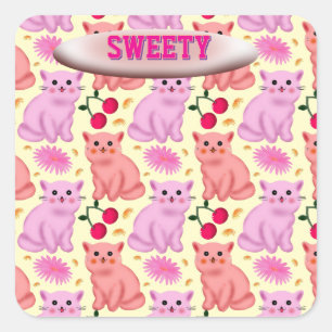 Custom Cute Cat Cherry Floral Pattern Square Sticker