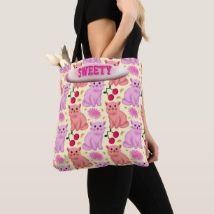 Custom Cute Cat Cherry Floral Pattern Tote Bag