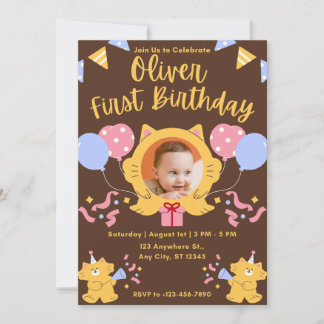 Custom Cute Cat Photo 1st Birthday Invitation