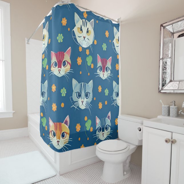 Custom Cute Cat Photo Pattern Personalised Shower Curtain (In Situ)