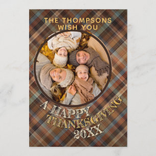 Custom Cute Cheerful Thanksgiving Plaid Pattern Holiday Card