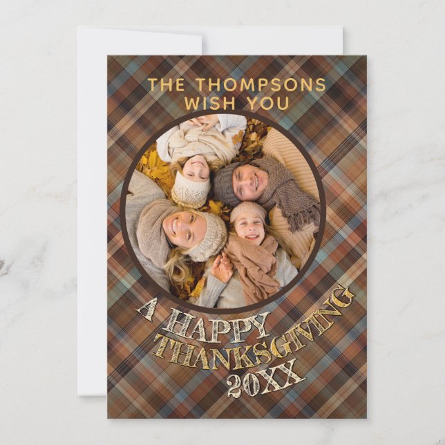 Custom Cute Cheerful Thanksgiving Plaid Pattern Holiday Card (Front)