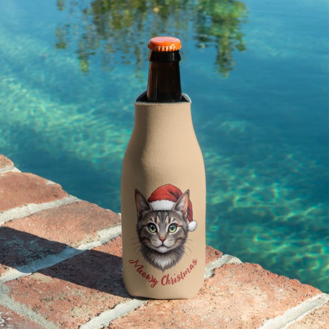 Custom Cute Christmas Cat with Santa Hat Bottle Cooler (In Situ Pool)