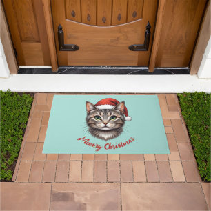 Custom Cute Christmas Cat with Santa Hat Doormat