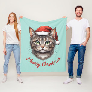 Custom Cute Christmas Cat with Santa Hat Fleece Blanket