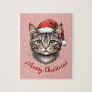 Custom Cute Christmas Cat with Santa Hat Jigsaw Puzzle