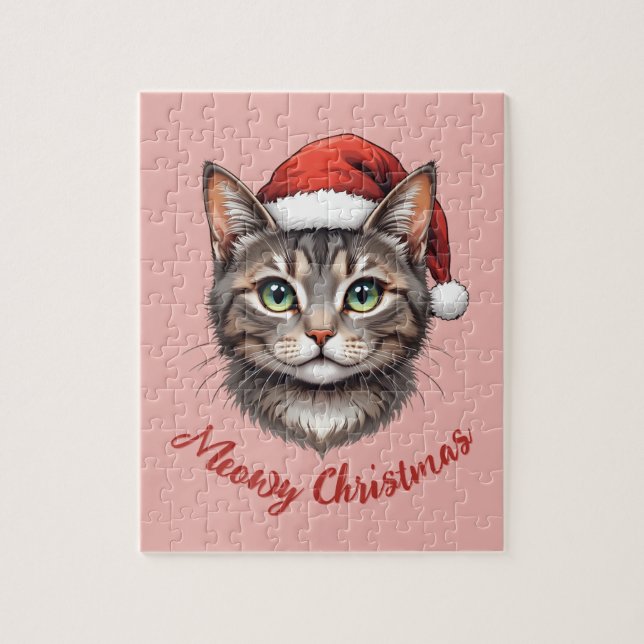 Custom Cute Christmas Cat with Santa Hat Jigsaw Puzzle (Vertical)