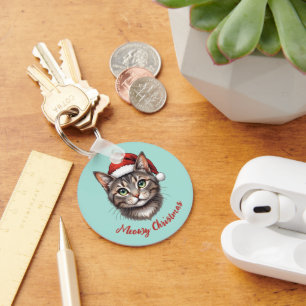 Custom Cute Christmas Cat with Santa Hat Key Ring