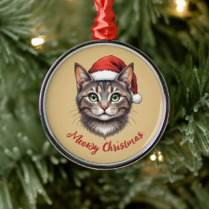 Custom Cute Christmas Cat with Santa Hat Metal Tree Decoration