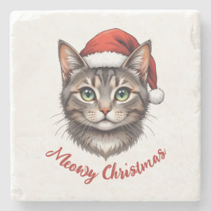 Custom Cute Christmas Cat with Santa Hat Stone Coaster